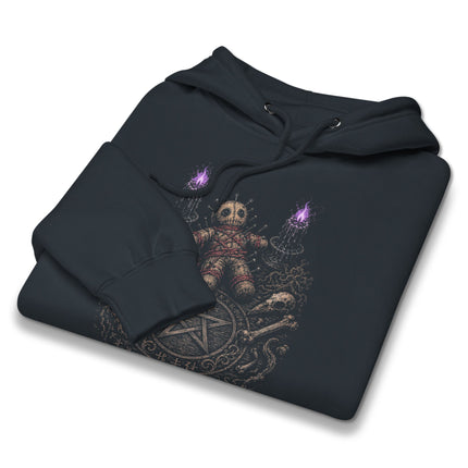 Gothic pullover hoodie featuring a dark magic ritual table, occult pentagram, and gothic doll graphic print.