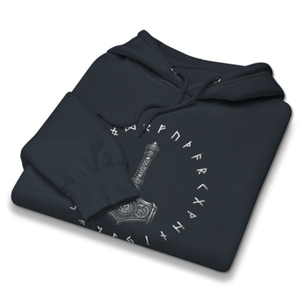 Viking Mjolnir Thor's Hammer runic hoodie featuring Norse mythology designs.
