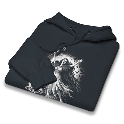 Morrigan Celtic Goddess graphic pullover hoodie featuring dark mythology art.