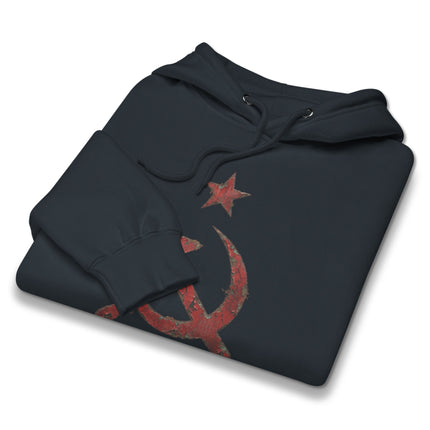 Distressed red pullover hoodie featuring a large hammer and sickle communist symbol graphic.