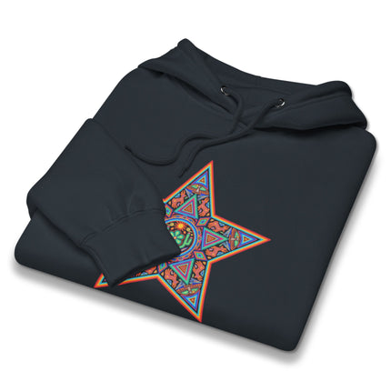 Vibrant Huichol star geometric art hoodie featuring indigenous Mexican patterns on a cozy fleece pullover.