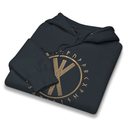 Norse rune pullover hoodie featuring Viking Elder Futhark symbols and strength bind design.