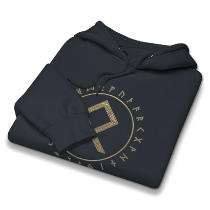 Gold Othala rune circle design on a unisex Norse Viking pullover hoodie.