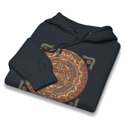 Mayan Calendar glyph design printed on a pullover hoodie featuring ancient Maya symbols.