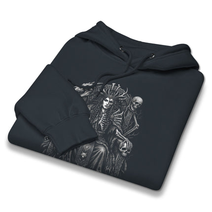Norse Goddess Hel Queen skull dragon throne hoodie design print.