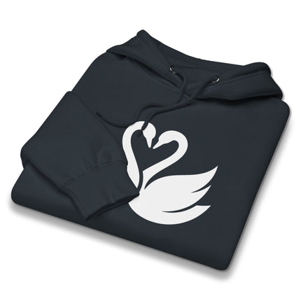 Swans forming a heart graphic on an elegant white couple pullover hoodie.