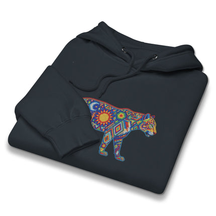 Colorful hoodie featuring indigenous Huichol jaguar folk art graphic print on fleece pullover.