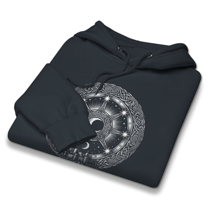 Celtic mythology hoodie featuring Arianrhod's silver lunar chart wheel design pullover.