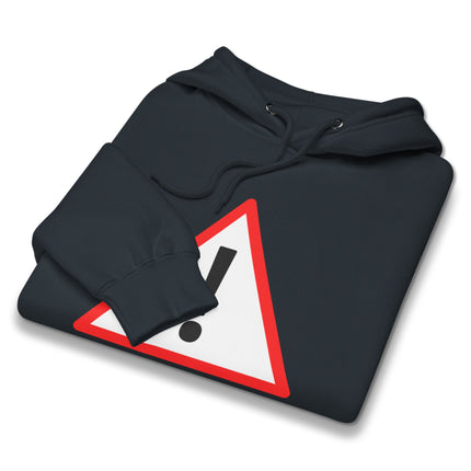 Exclamation mark warning sign print on red hazard pullover hoodie.