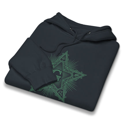Masonic Blazing Star sacred geometry graphic on a black pullover hoodie.