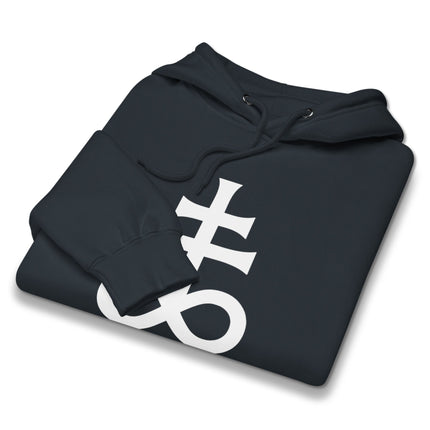 Black pullover hoodie featuring Leviathan Cross and alchemical sulfur symbol graphic print.