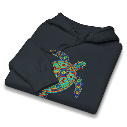 Vibrant Huichol tribal sea turtle graphic pullover hoodie fleece print.