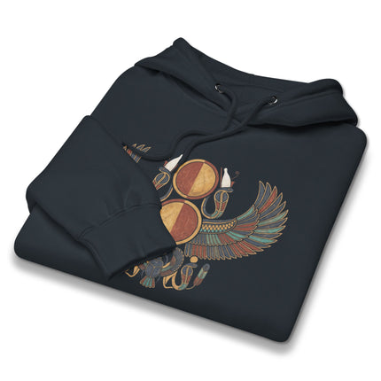 Ancient Egyptian winged sun disk symbol printed on unisex pullover hoodie design.