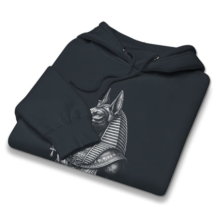 Anubis Egyptian god jackal pullover hoodie with ancient mythology artwork print.
