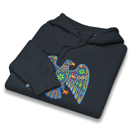 Colorful Huichol eagle art print hoodie featuring vibrant indigenous Mexican cultural designs.