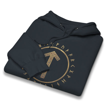 Tiwaz Rune Circle Hoodie featuring Norse mythology designs on a black pullover.