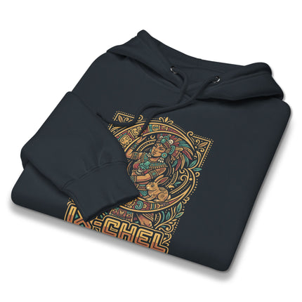 Ixchel Mayan Goddess graphic hoodie featuring ancient Mesoamerican art style design print.