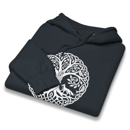 Celtic Tree of Life hoodie featuring stag and fox nature symbols design.