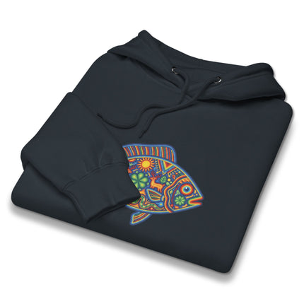 Colorful Huichol art hoodie featuring Mexican folk motifs of fish, deer, sun, and vibrant cultural designs.