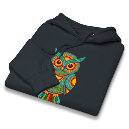 Vibrant Huichol owl graphic hoodie featuring Mexican tribal folk art patterns on fleece pullover.