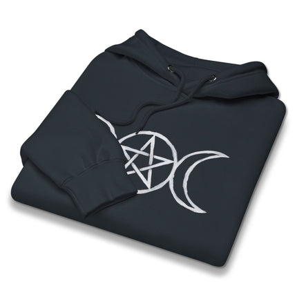 Black hoodie featuring a triple moon and pentagram graphic design for witchy goddess style.