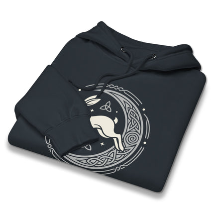 Celtic Hare Moon Mandala Hoodie with pagan geometric mythology print.