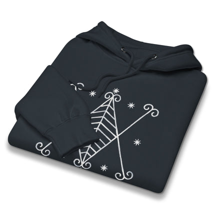 Black pullover hoodie featuring a mystical Voodoo Celestial design print by Ayizan Veve.