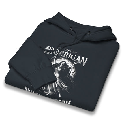 The Morrigan Celtic mythology gothic artwork on a storm-themed hoodie design.