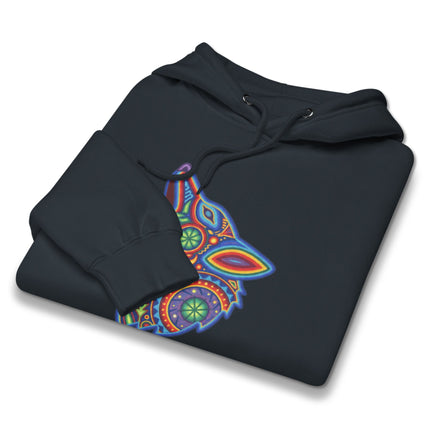 Vibrant Huichol wolf art hoodie featuring Mexican folk designs of howling wolves.
