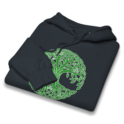 Celtic Tree of Life knotwork graphic hoodie featuring traditional Irish green design.