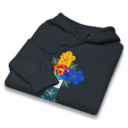 Occult art hoodie featuring Rosy Cross and sacred geometry designs print.
