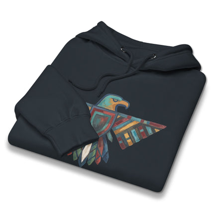 Vibrant geometric Thunderbird hoodie design, Native American inspired pullover with colorful patterns.