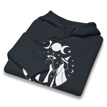 Celestial hoodie design featuring moon phases and triple goddess celestial symbols graphic.