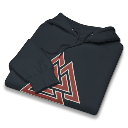 Red Valknut Viking symbol graphic on a pullover hoodie featuring Norse mythology design.