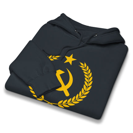 Gold communist hoodie featuring a hammer and sickle laurel wreath socialist emblem print.
