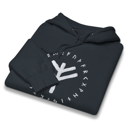 Norse Fehu Wealth Bind rune hoodie featuring Elder Futhark symbols print.