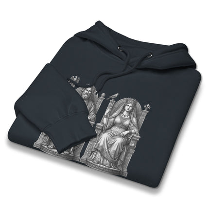 Zeus and Hera Greek mythology graphic print on a cozy king and queen pullover hoodie.