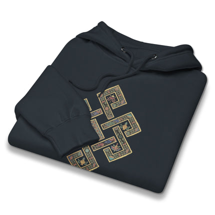 Endless Knot Tibetan Buddhist symbol graphic on a unisex pullover fleece hoodie.