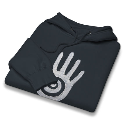 Hopi healing hand and spiral symbol design on a comfortable pullover hoodie.