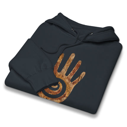 Hopi healing hand symbol and native American spiral graphic printed on pullover hoodie.