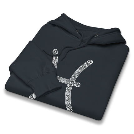 Ornate Pisces zodiac symbol hoodie featuring celestial astrology star sign print for unisex wear.