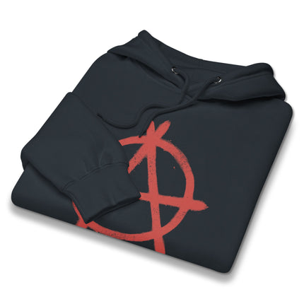 Red distressed hoodie featuring a bold anarchy symbol graphic print on a unisex pullover sweatshirt.
