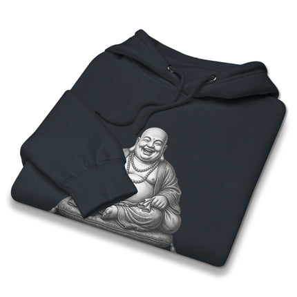 Laughing Buddha Zen graphic on a spiritual pullover hoodie design.
