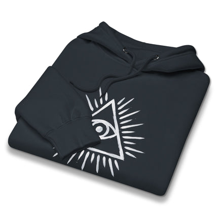Eye of Providence and pyramid symbol graphic printed on black pullover hoodie.
