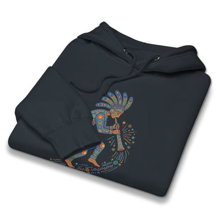 Southwest art hoodie featuring vibrant Kokopelli flute player design and Native American cultural motifs.
