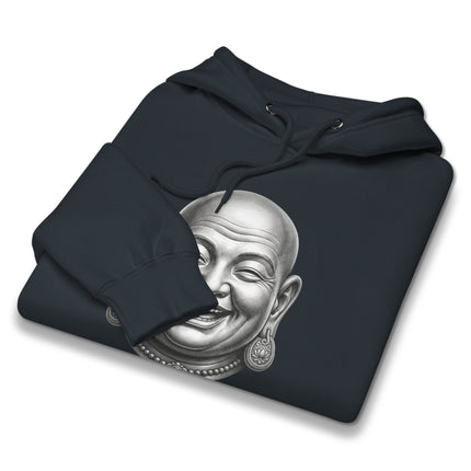 Laughing Buddha head graphic printed on a comfortable Zen Buddhist pullover hoodie.
