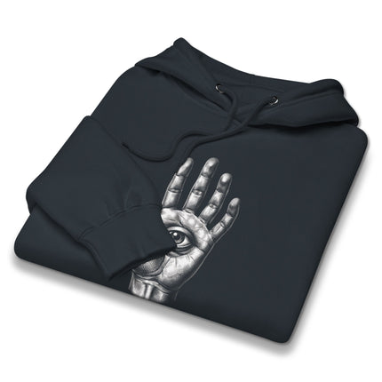 Mystic all-seeing eye graphic on a comfortable pullover hoodie design.