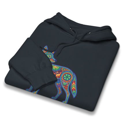 Colorful Huichol coyote folk art pullover hoodie featuring vibrant indigenous Mexican patterns.