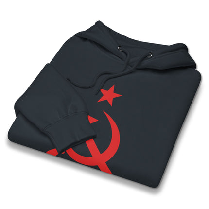Communist red hoodie featuring a striking hammer and sickle and red star graphic design.