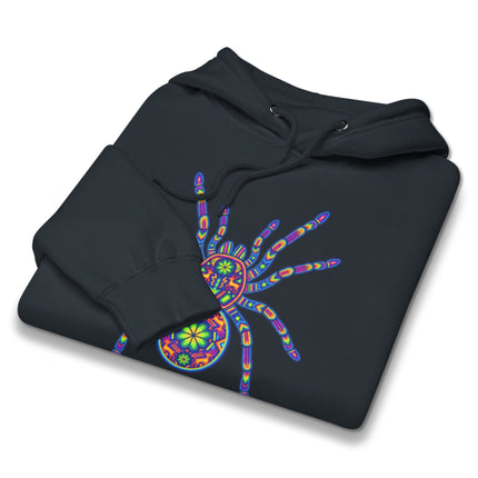 Vibrant Huichol tarantula spider print on a Mexican folk art pullover hoodie.